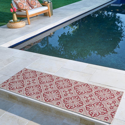Tapis d'intérieur / extérieur tissé à plat à motif de médaillon rouge / beige Paseo Powis