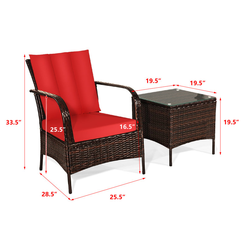 Ensemble de conversation en rotin avec coussins 3 pièces Auromita, Rouge