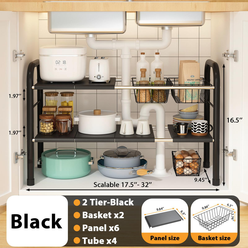 Organisateur extensible sous évier, étagère à 2 niveaux sous évier, avec 2 paniers amovibles et 6 panneaux amovibles, pour rangement sous évier, placard, garde-robe, (noir)