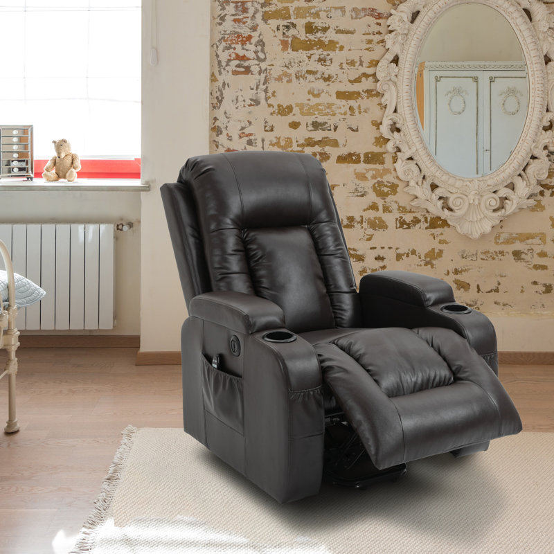 Emalina 39.76"W Breathable Faux Leather Power Recliner, Massage, Heater, Standing Assistance, Brown