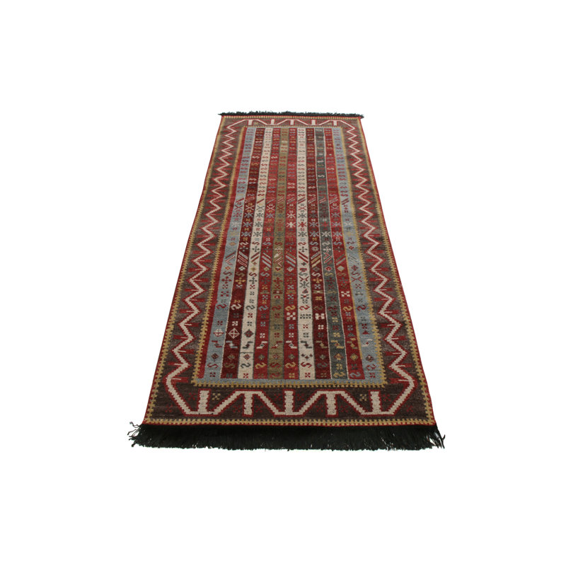 Rug & Kilim’s Tribal Runner In Red And Blue Stripes And Geometric Patterns, Runner 2'6" x 10'