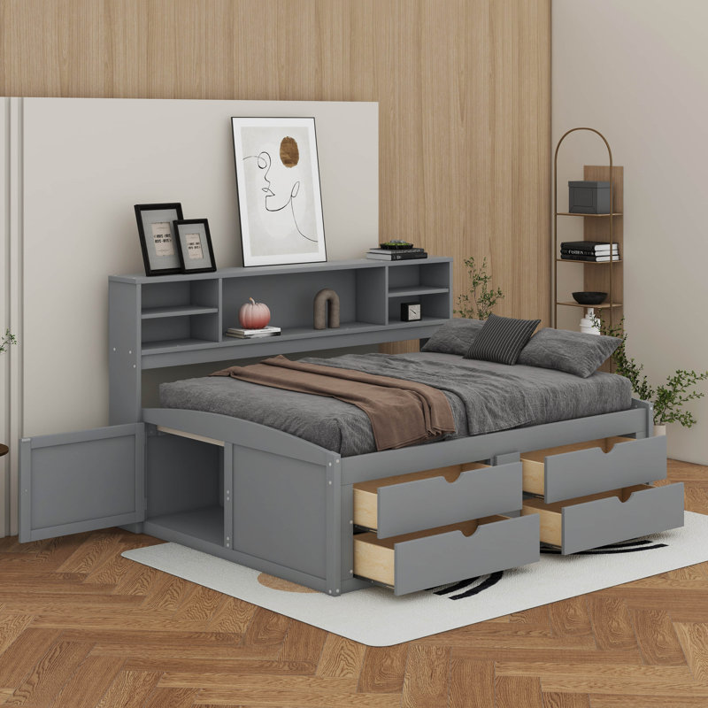 Full Wood Daybed With 2 Bedside Cabinets,Shelves And Drawers, Gray