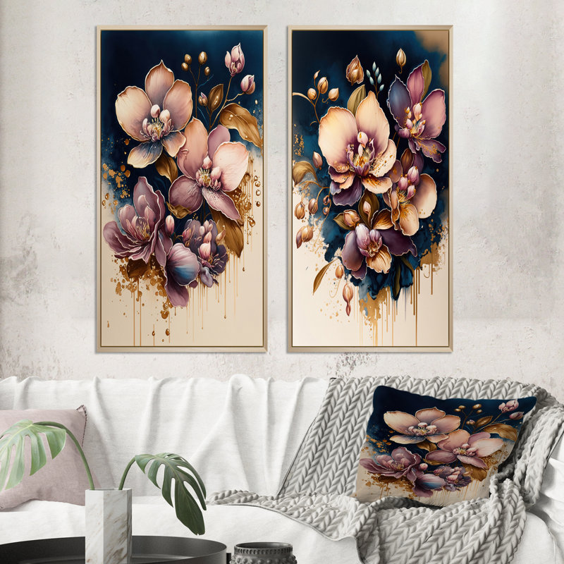 «Bourgogne et orchidée bleue», 2 pièces sur toile, H 32 po x l 32 po, Encadrement brun