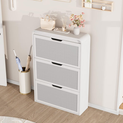 Rattan Shoe Cabinet with 3 Flip Drawers, Slim & Narrow Wood Shoe Storage for Entryway, Adjustable Removable Shelves