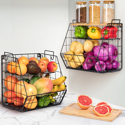 2 Set 3 Tier Fruit Basket for Kitchen with Bamboo Cutting Board, Pantry Kitchen Organizers and Storage, Stackable Wire Wall Basket, Onion Potato Veget