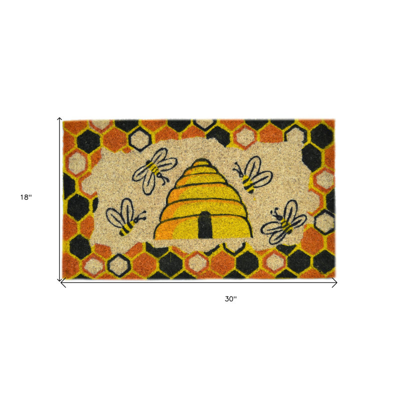 18" X 30" Beige and Orange Coir Bees Outdoor Spring Door Mat