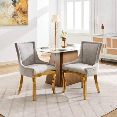 American Design de 2 chaises de salle à manger en chenille beige, rembourrées de tissu de teinture et grattoir 2, garniture de rivets texturés