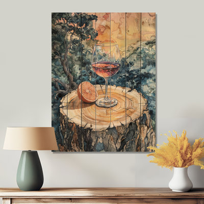 Grapefruit With Glass Of Wine In Vineyard V - Vineyard Wood Wall Art - On Natural Pine Wood