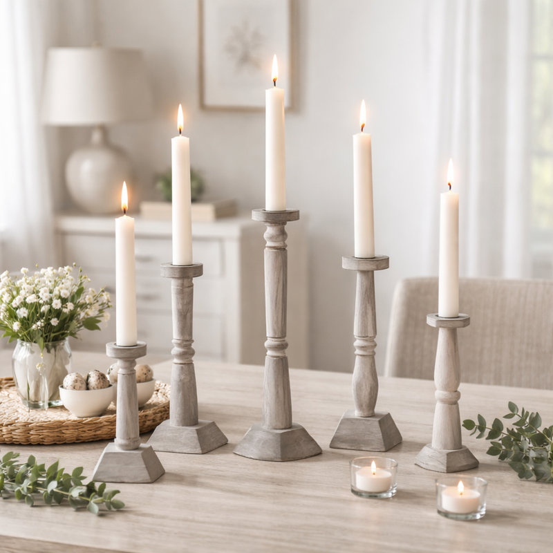 Decorative Mango Wood Candle Sticks Holders - Modern Tabletop and Floor Candle Holder for Home Accents - Set of 5, 22", 18", 16", 12", 10"