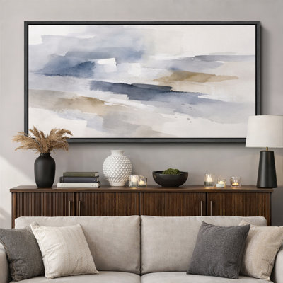 Blue Gray Abstract Horizon Artwork, Minimalist Bedroom Pictures, Framed Canvas Giclee Print Wall Art