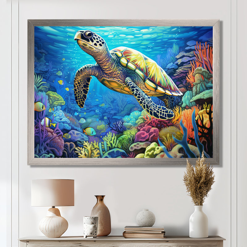«Blue Sea Turtle World» - art mural corail sous l'eau, H 30 po x l 40 po x P 1,5 po, Cadre argenté