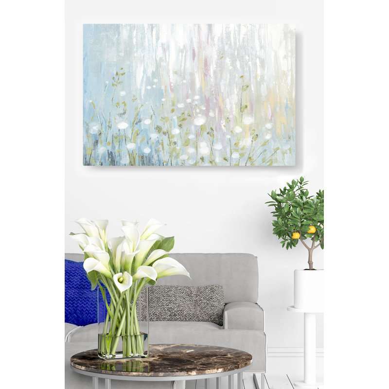 Coton sous un ciel lumineux, abstrait, impressionniste, bleu sarcelle, cyan, vert, blanc, branche, feuilles
