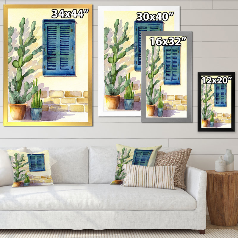 «House Facade With A Window With Turquoise Shutters», reproduction d'art sur toile encadrée, H 30 po x l 40 po, Blanc