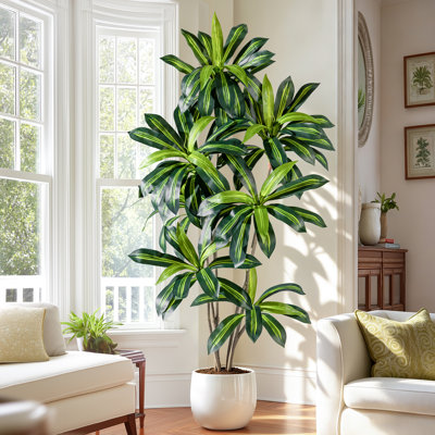 6-Foot Tall Artificial Dracaena Tree with White Planter Pot, UV-Resistant Lifelike Faux Floor Plant with Striped Leaves for Living Room, Bedroom, Office & Indoor Outdoor Home Decor, Gifts for Halloween, Gifts for Christmas, Gifts for Thanksgiving