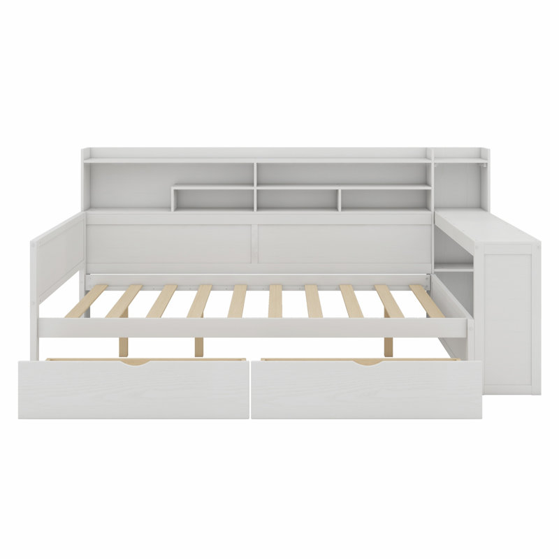 Wooden Daybed With Storage Shelves, Multi-Functional Bed With Two Storage Drawers And Study Desk, Antique White