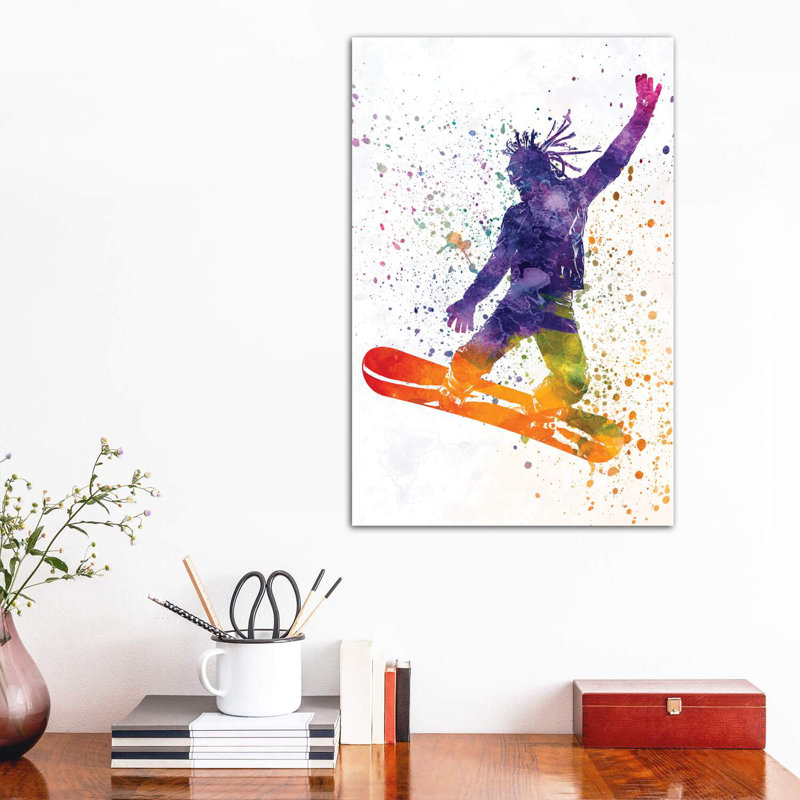 «Young Snowboarder Man in Watercolor I» par Paul Rommer - impression d'art graphique, H 48 po x l 32 po x P 1,5 po
