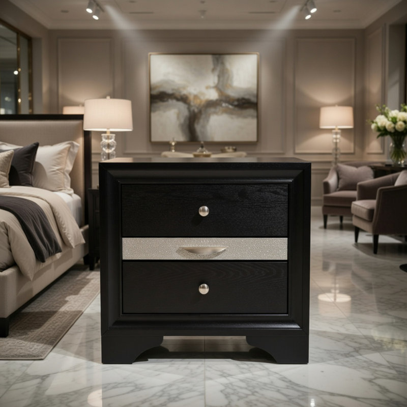 Table de chevet 2 tiroirs de style traditionnel en bois de couleur noire, Noir