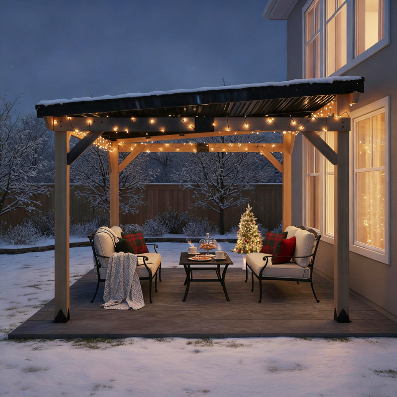 Patio Wall-Mounted Solid Cedar Wood Gazebo With Galvanized Steel Roof, 12 Ft. W x 10 Ft. D