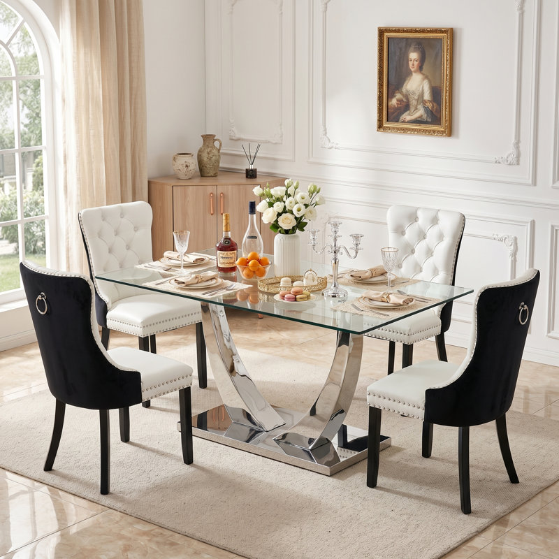 5-Piece Modern Glam Tempered Glass Dining Set with Tufted Faux Leather Chairs and Chrome Arc Base