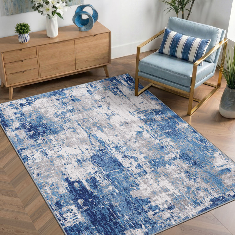 Modern Abstract Printed Area Rug Non-Slip Machine Washable Low Pile for Living Room Bedroom, Rectangle 4' x 6', Gray/Blue