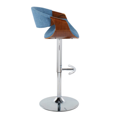 Mid-Century Modern Adjustable Barstool With Swivel In Chrome Metal, Walnut Wood And Blue Fabric With Rounded T Footrest By  - Set Of 2