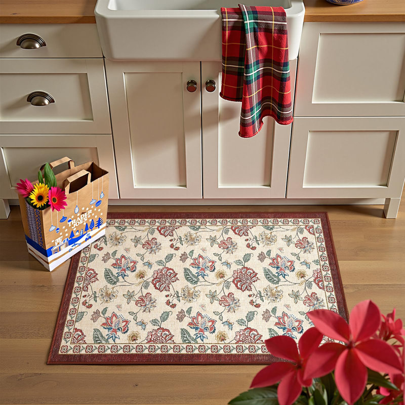 Chinoiserie Floral Rug Vintage Romance Design Washable Non-slip Red/Beige, Rectangle 2' x 3', Red/Beige