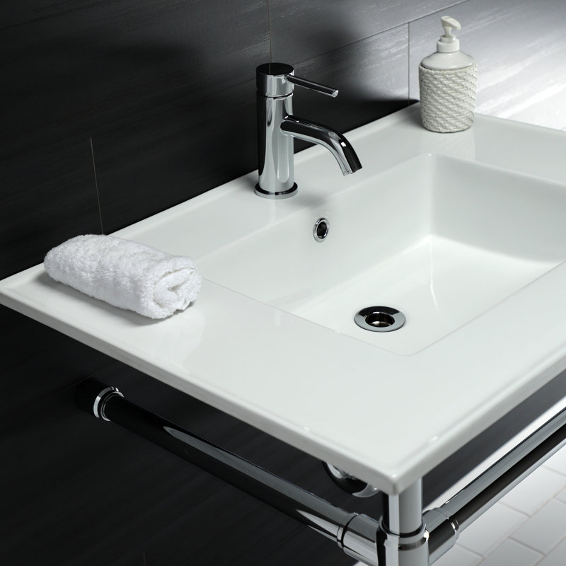 Lavabo de salle de bain console en céramique avec trop-plein, Chrome poli, Simple