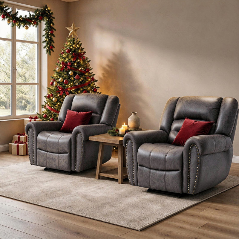 39.8" W Faux Leather Power Recliner, Gray Faux Leather