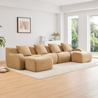 Canapé en forme de U sans os, tissu en peluche sans assemblage requis Accoudoir incurvé, conception antidérapante, éponge haute densité 32D, emballage sous vide à compression complète, salon pour études, chameau