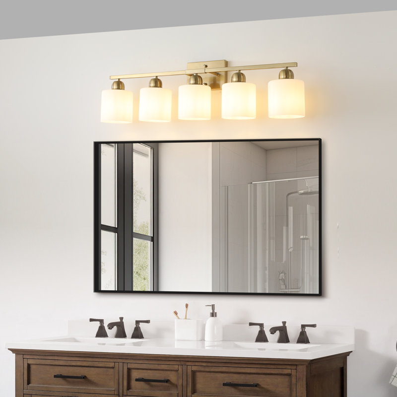 Éclairage pour meuble-lavabo 5 lumières résistant à l'humidité avec abat-jour en verre givré, Doré, 5 lumières