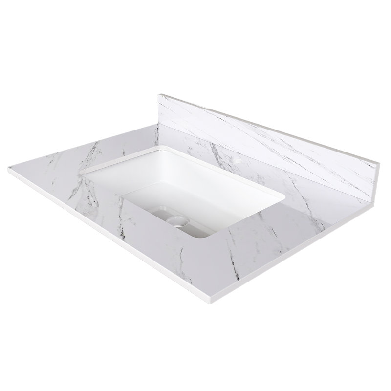 31 Inch Marble Vanity Top, White Vanity Top With Pre-Drilled Faucet Holes, Bathroom Vanity Top With Undermount Rectangular Middle Sink And 4" Height Backsplash,  Bianco Carrara Venato