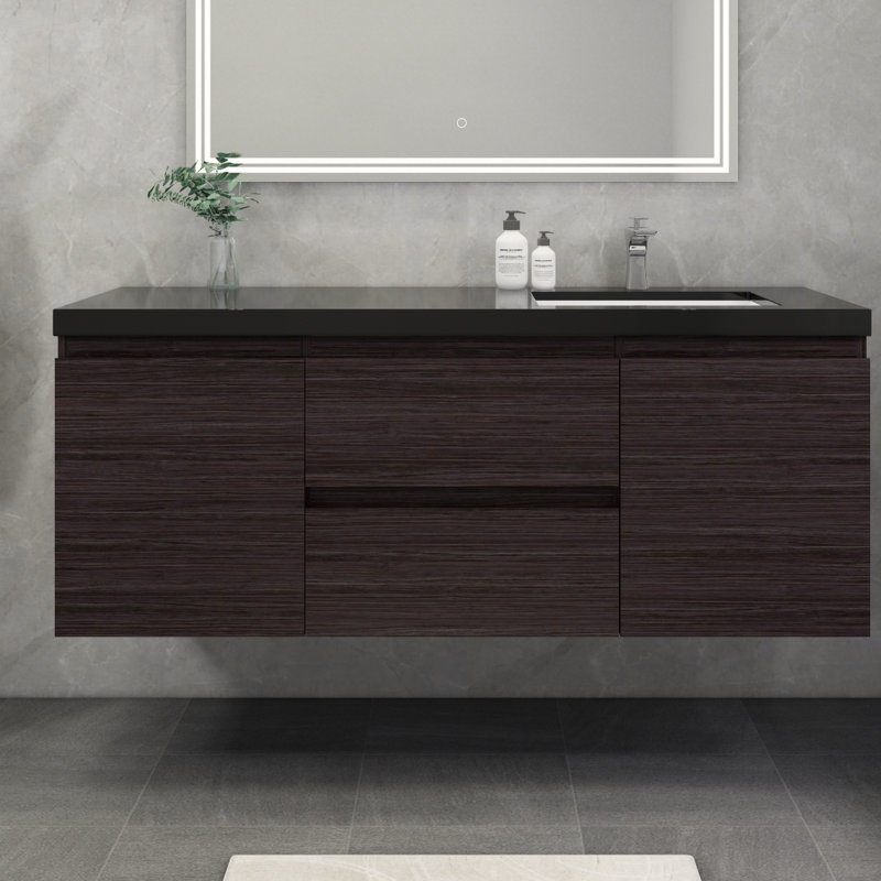 Castin 60" Wall-Mounted Single Right Sink Bathroom Vanity Set, Dark Gray Oak