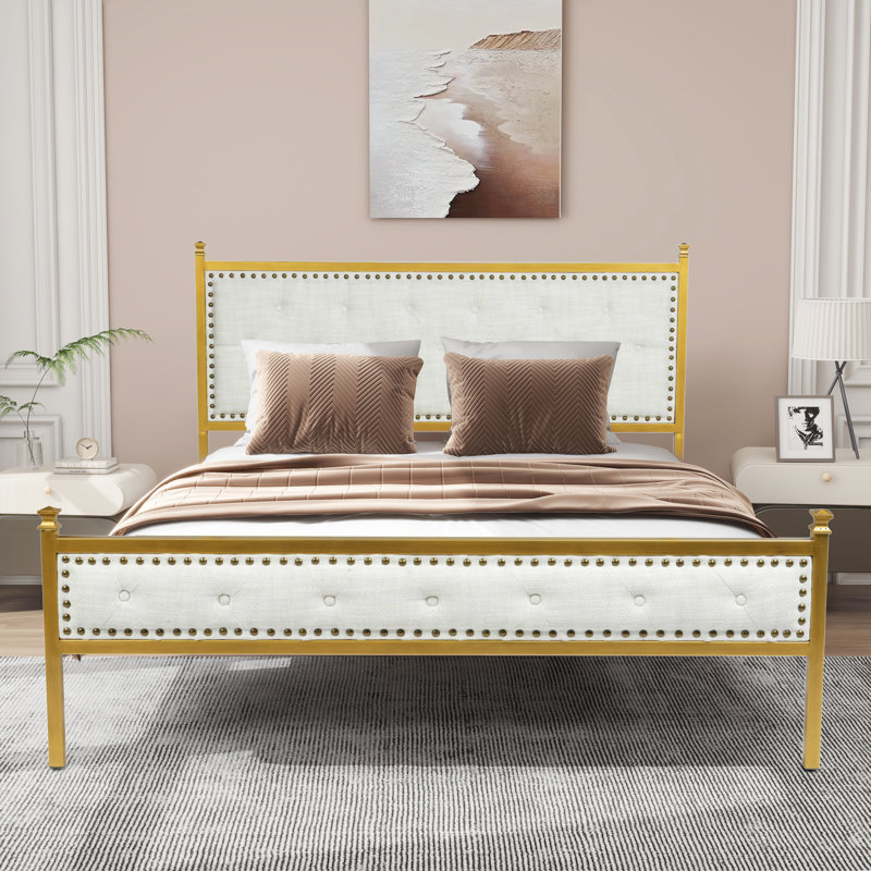 Hegwein Upholstered Platform Bed Frame Heavy Duty with Tufted Headboard, No Box Spring Needed, Queen, Beige