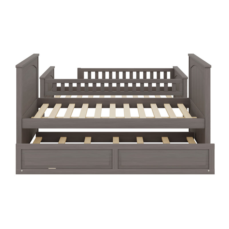 Wood Bunk Bed With Trundle, Guardrails, Brushed Gray