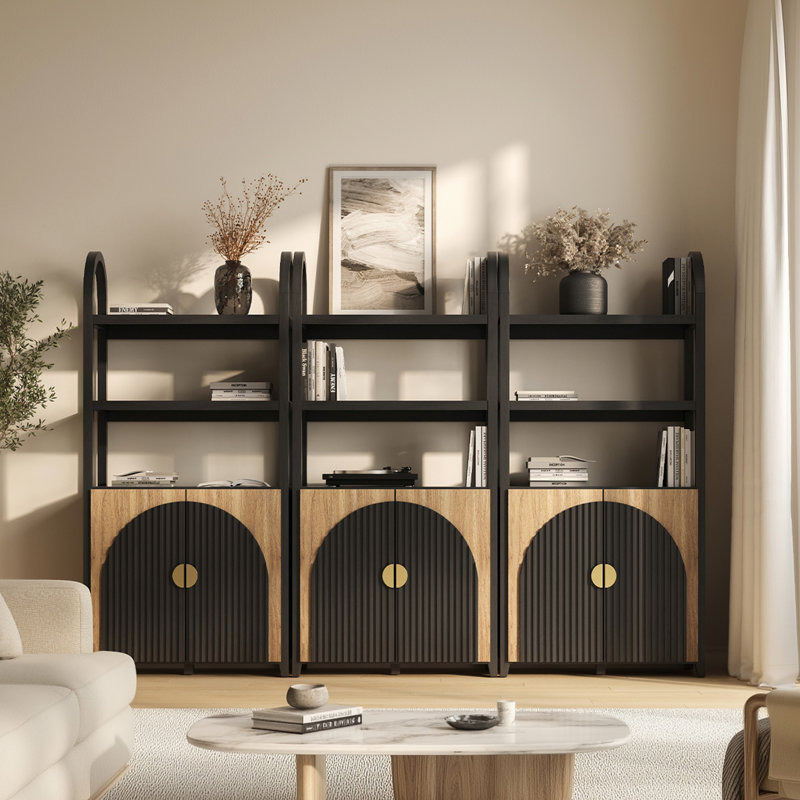 3 Tier Book Shelf 72" Tall Arched Bookcase With Storage, Set of 3, Camel