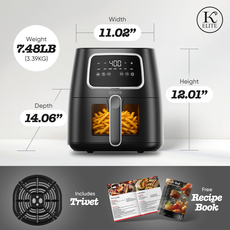 Kitchen Elite 5.5 Qt. Digital Air Fryer, Countertop Cooker w/ LED Screen, Black, Black