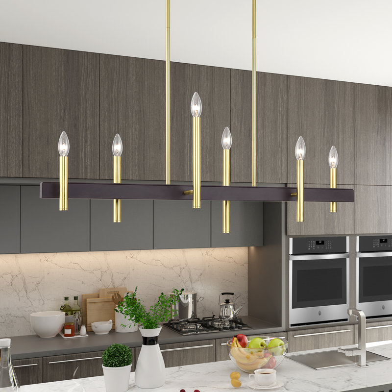 Lustre linéaire très grand en laiton satiné 8 lumières avec accents bronze, Laiton satiné, 6