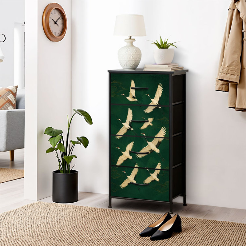 Commode 4 tiroirs pour chambre à coucher, commode étroite, plateau en bois et structure de bureau en fer 18 po x 37,5 po (lxH) - avec grues blanches sur fond vert
