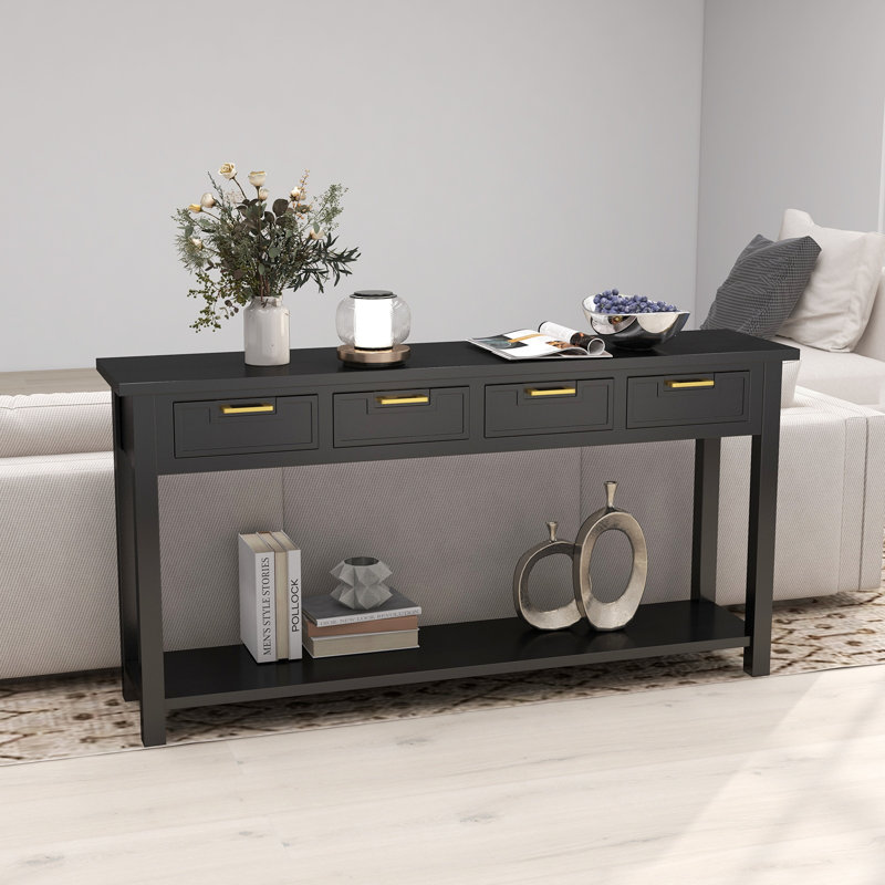 Table de canapé longue avec 4 tiroirs - Console moderne noire avec 1 tablette, table d'entrée et de couloir en bois 60 po x 15 po x 16 po pour le salon, la chambre à coucher et la cuisine