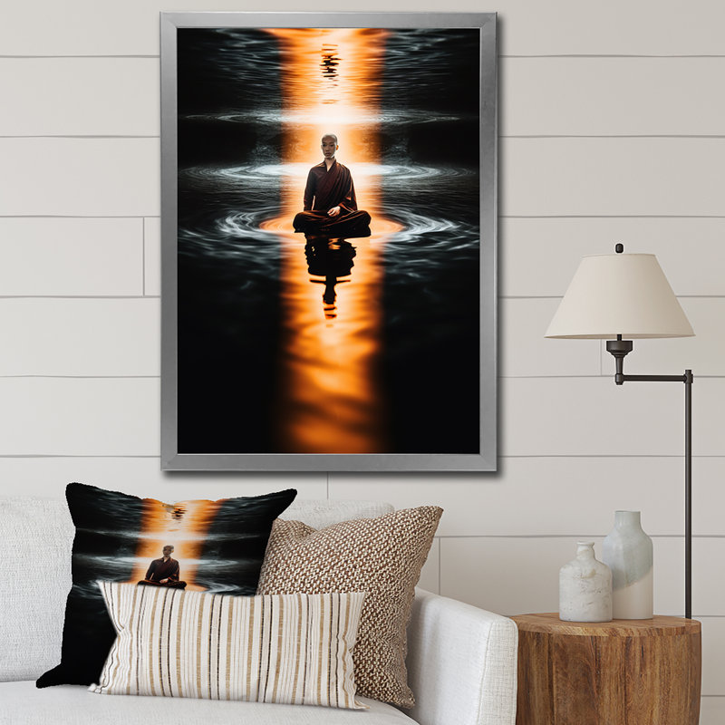 «Buddhist Monk Meditating In Lake», reproduction sur toile, Cadre flottant blanc, H 32 po x l 24 po