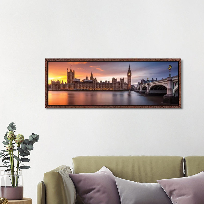 London Palace Of Westminster Sunset - Panoramic Print on Canvas, 121.92 cm H x 40.64 cm W, Classic Brown Wood Framed
