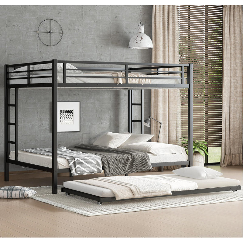 Metal Bunk Bed with Trundle, Black, Queen Over Queen