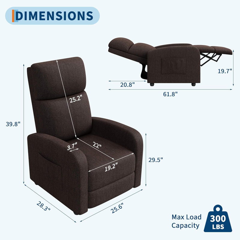 Set of 2 Recliner Chairs for Adults with Adjustable Backrest, Padded Seat, Tall Back and Wide Arms, Home Theater Seating for Living Room