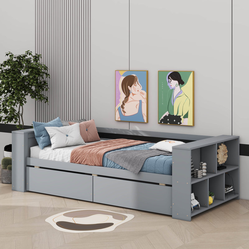 Lit de jour simple avec tablettes et tiroirs intégrés, gris