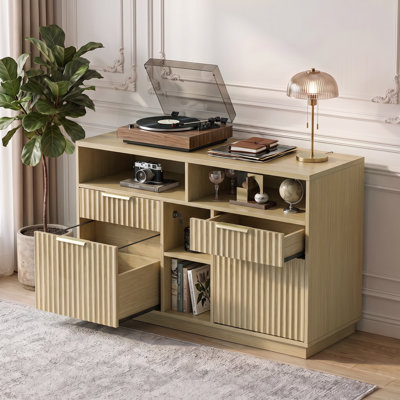 41" 4 Drawer Fluted Wood File Cabinet With Lock & Built-In Charging Station – Home Office Printer Stand With Open Shelves For A4 & Letter Size Files