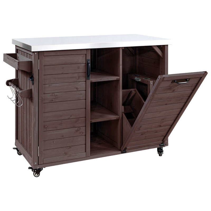 78.3" Outdoor Kitchen Island with Foldable Grill Table, Wooden Outdoor Grill Cart with Trash Can Storage & Stainless Steel Top, Outdoor Bar Cart