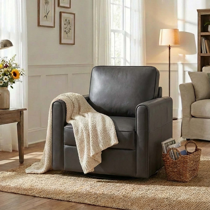 Fauteuil d'appoint pivotant en cuir véritable Weston, Ivoire ivoire
