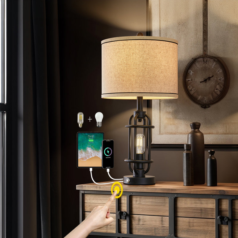 23.75" Industrial Style Touch Table Lamp With Usb Charging,for Living,office,hallway Including Bulb