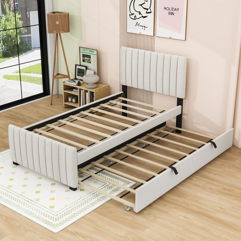 Sterns Twin Wooden Platform Bed with Trundle, Beige