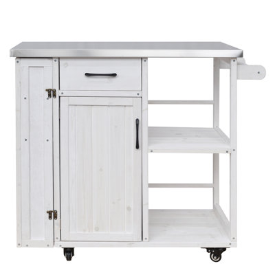 Outdoor Kitchen Island Fir Wood Prep Station Lockable Kitchen Cart with Stainless Top